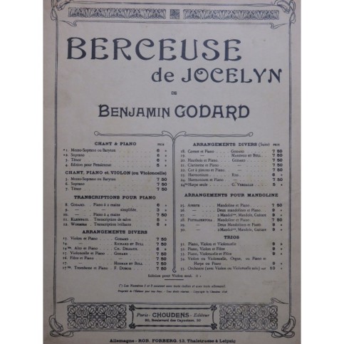 GODARD Benjamin Berceuse de Jocelyn Piano ca1890