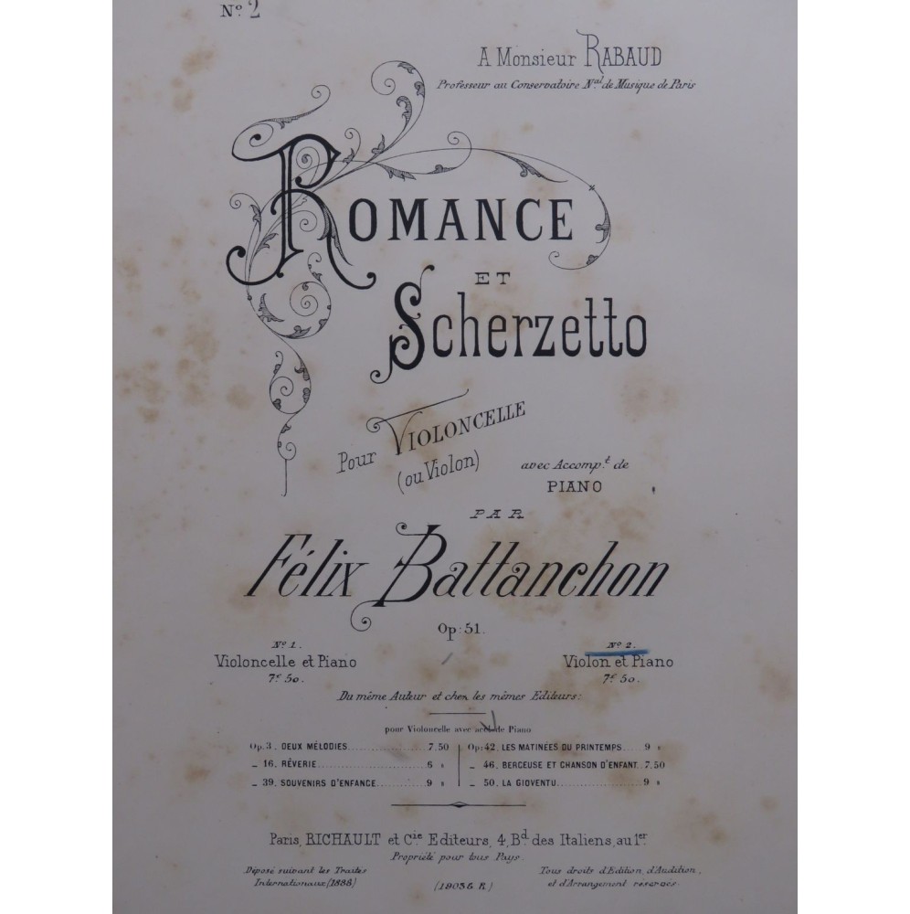 BATTANCHON Félix Romance et Scherzetto Violon Piano 1888