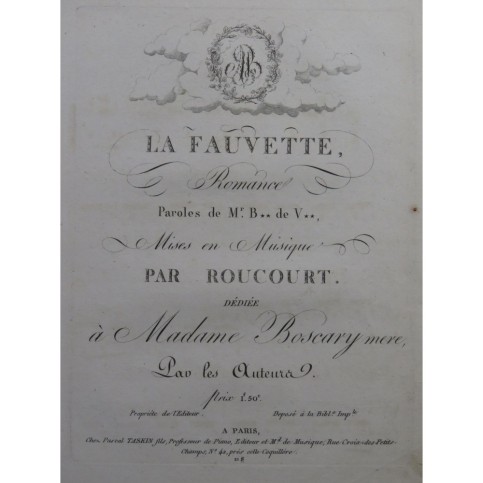 ROUCOURT Jean-Baptiste La Fauvette Romance Chant Piano ou Harpe ca1820