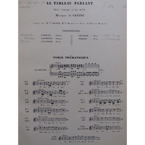 GRETRY André Le Tableau Parlant Opéra Piano Chant XIXe