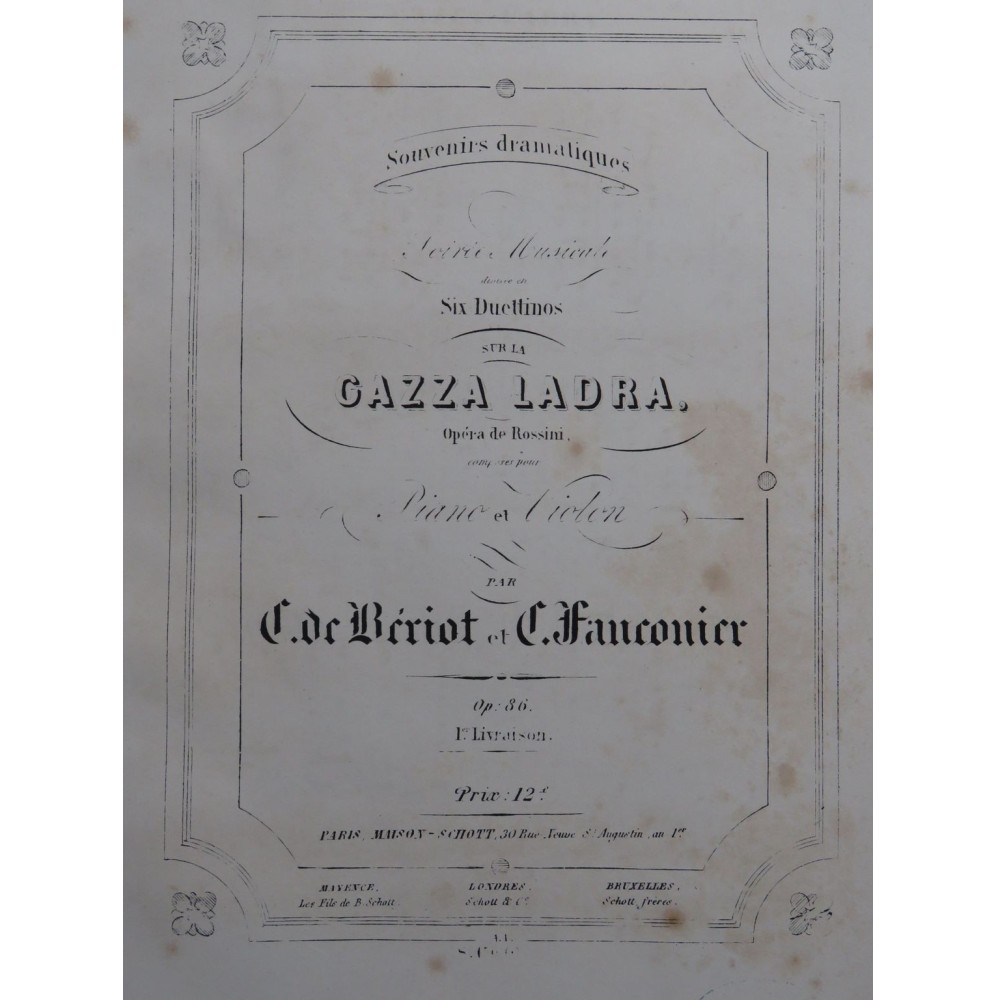 DE BÉRIOT FAUCONIER La Gazza Ladra Rossini Piano Violon ca1855