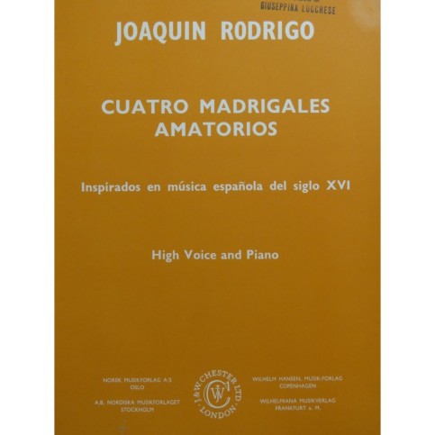 RODRIGO Joaquin Cuatro Madrigales Amatorios Piano Chant 1965