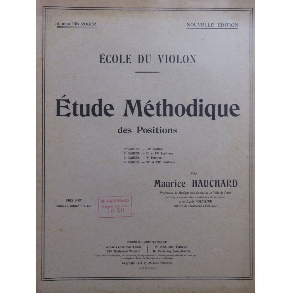 HAUCHARD Maurice Etude Méthodique des Positions 1er Cahier Violon 1925
