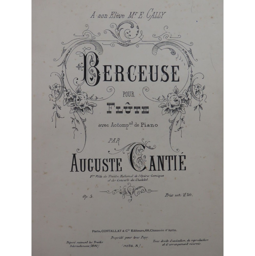 CANTIÉ Auguste Berceuse op 5 Flûte Piano 1891