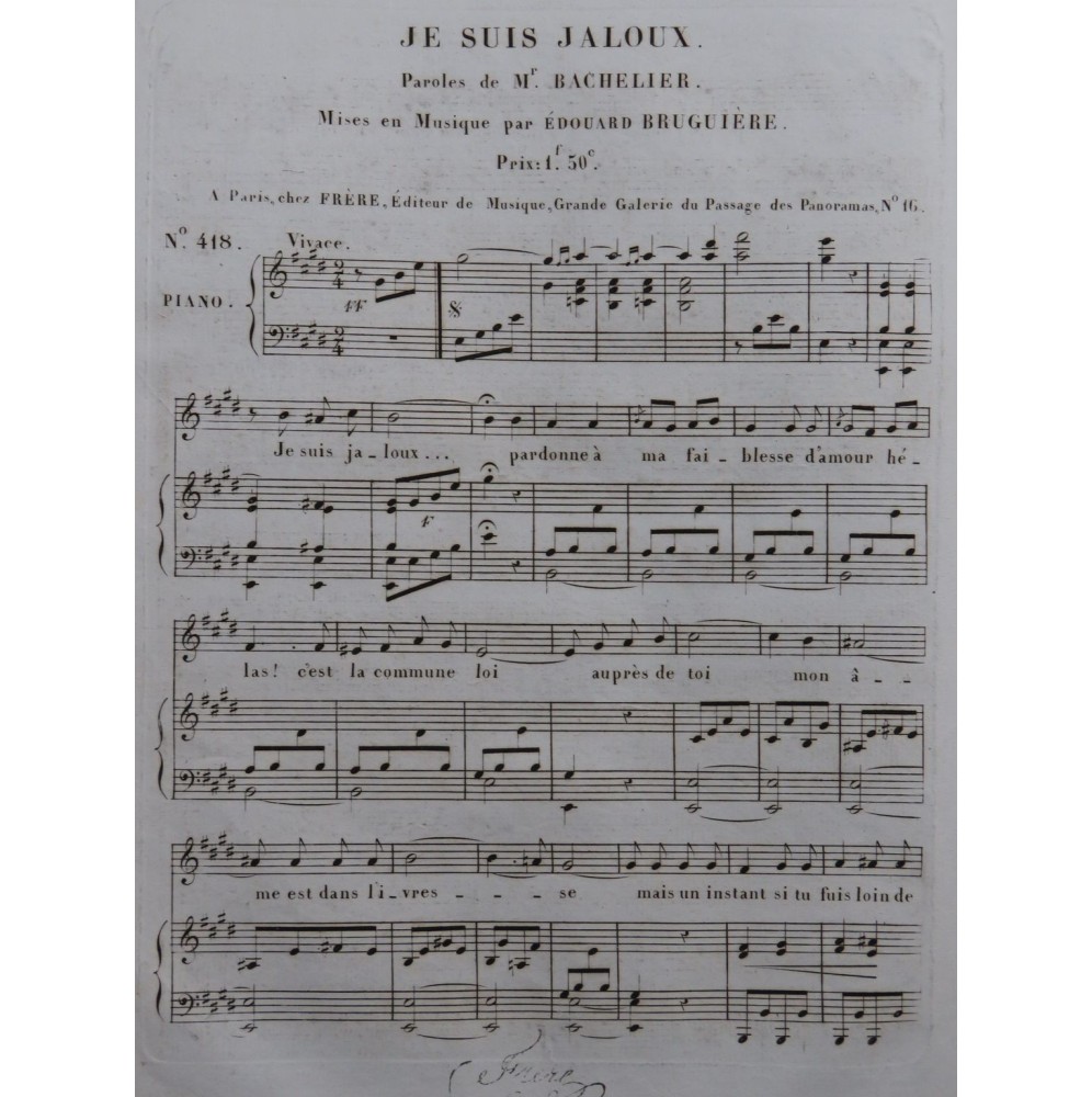 BRUGUIÈRE Édouard Je suis Jaloux Chant Piano ca1830