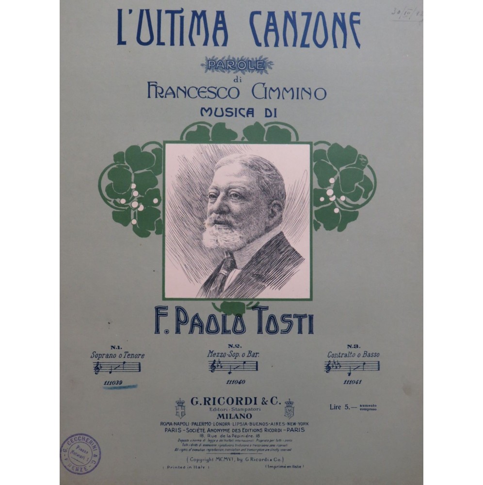 TOSTI F. Paolo L'Ultima Canzone Chant Piano 1906