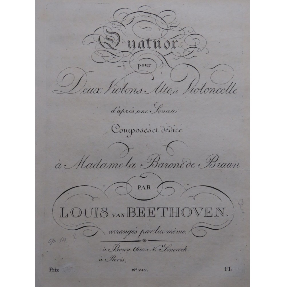 BEETHOVEN Quatuor d'après la Sonate op 14 No 1 Violon 1802