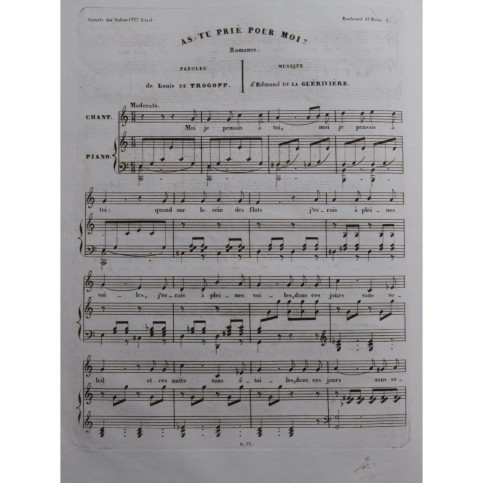 DE LA GUÉRIVIÈRE Edmond As-tu prié pour moi Chant Piano ca1830