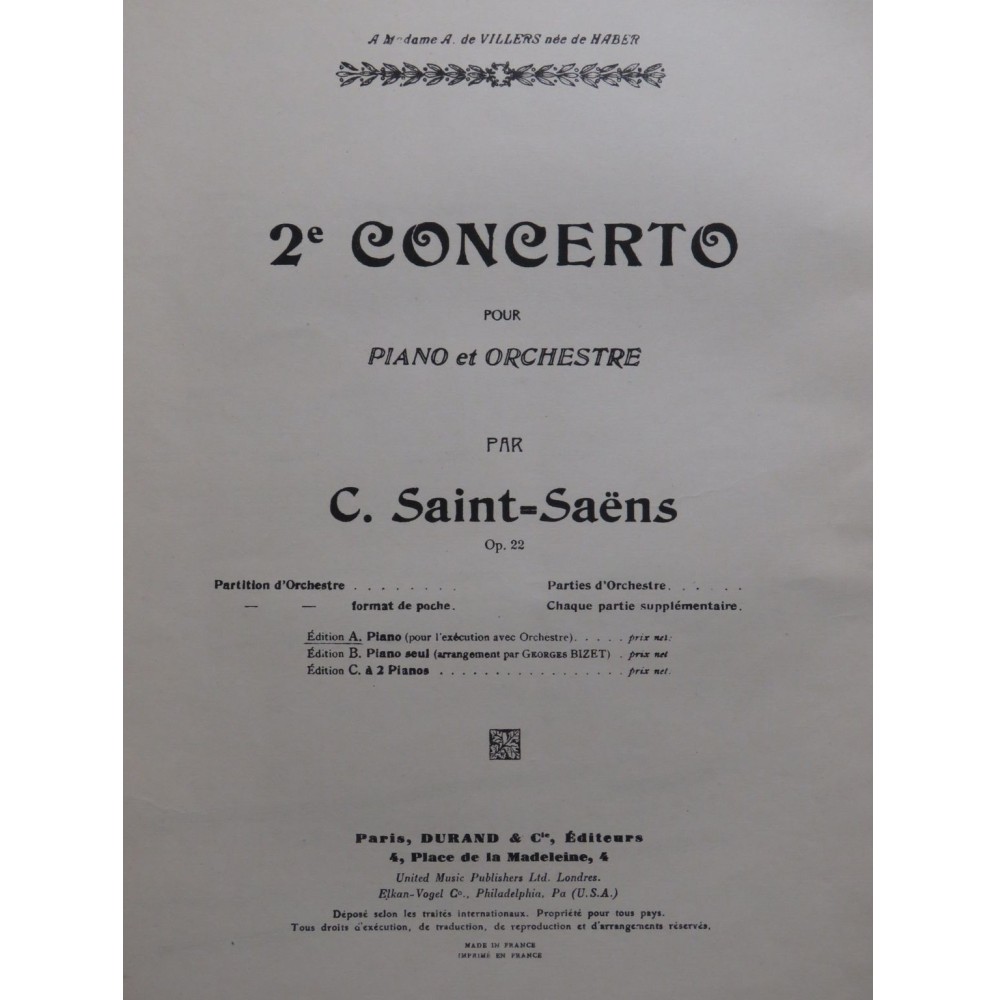 SAINT-SAËNS Camille Concerto No 2 2 Pianos 4 mains 1946