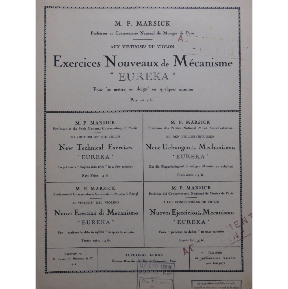 MARSICK M. P. Exercices Nouveaux de Mécanisme Eureka Violon 1912
