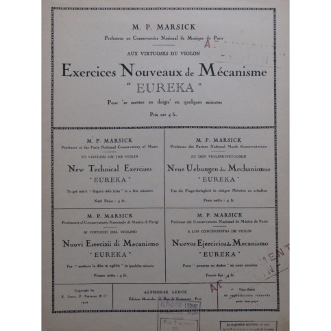 MARSICK M. P. Exercices Nouveaux de Mécanisme Eureka Violon 1912