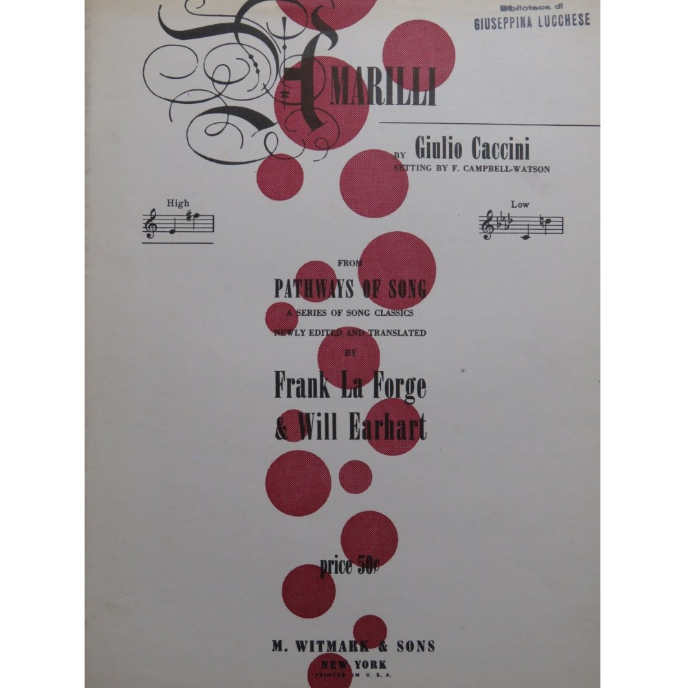CACCINI Giulio Amarilli Chant Piano 1938