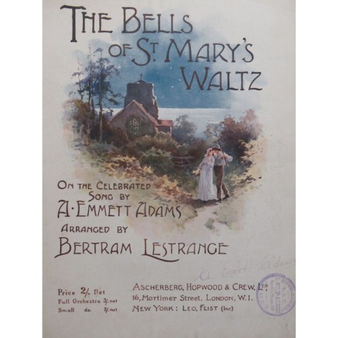 EMMET ADAMS A. The Bells of St Mary's Waltz Piano 1919
