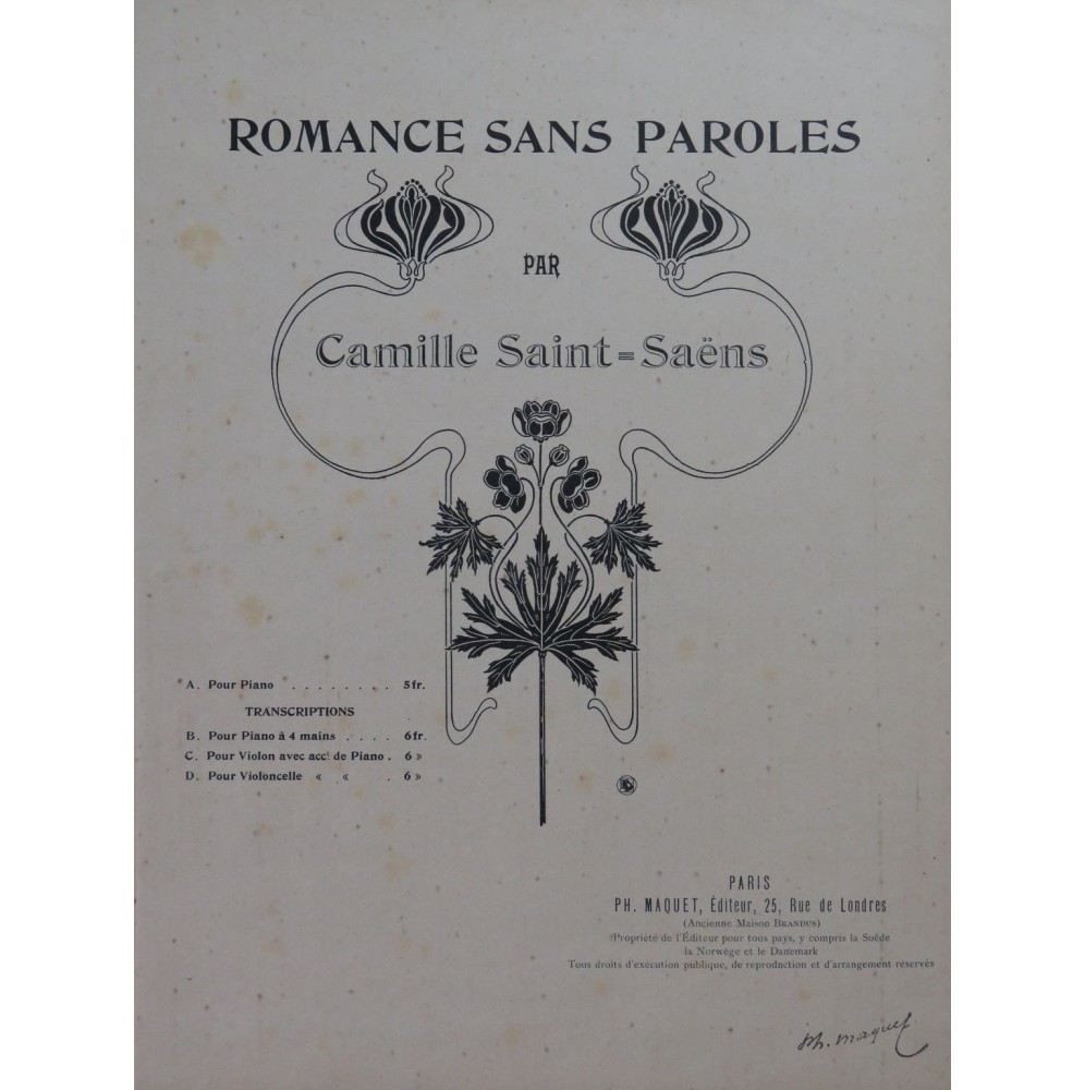 SAINT-SAËNS Camille Romance sans Paroles Piano 4 mains