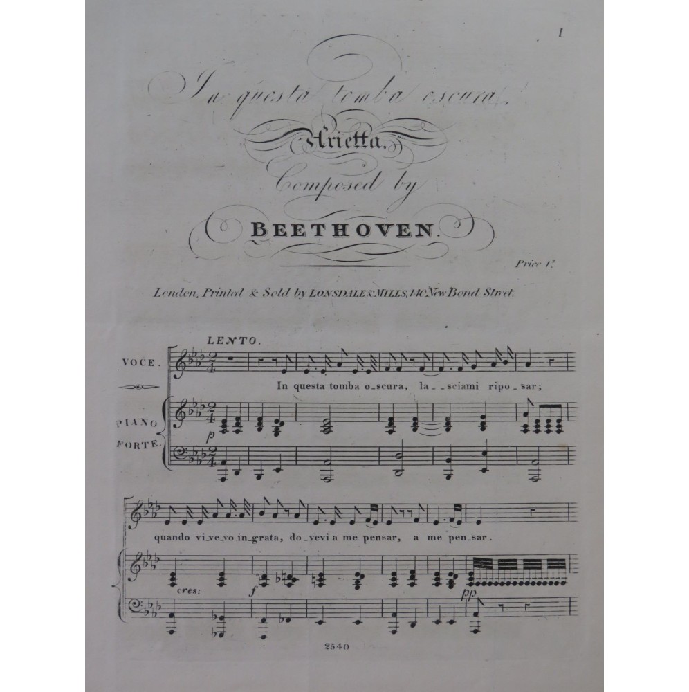 BEETHOVEN In Questa Tomba Oscura Chant Piano ca1830