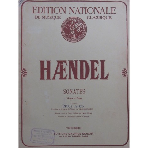 HAENDEL G. F. Sonates Livre I Violon Piano 1920