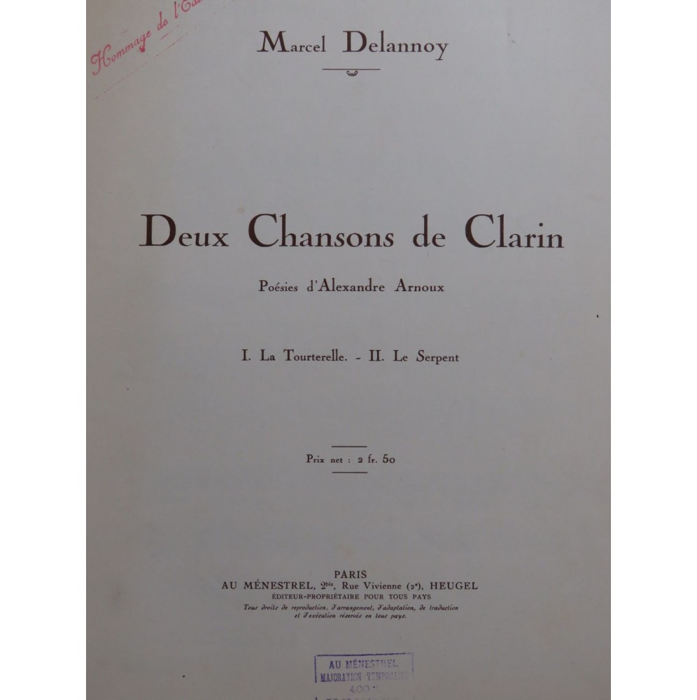 DELANNOY Marcel Deux Chansons de Clarin Chant Piano 1932