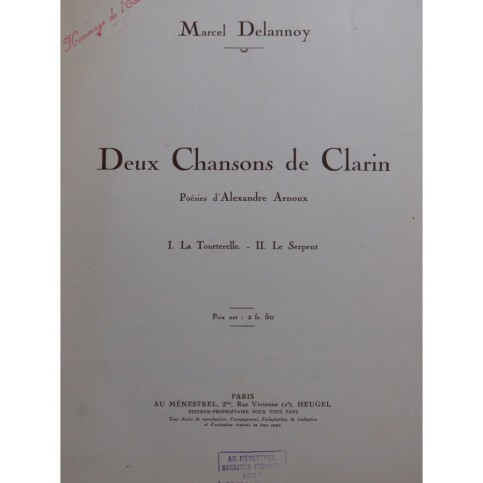 DELANNOY Marcel Deux Chansons de Clarin Chant Piano 1932
