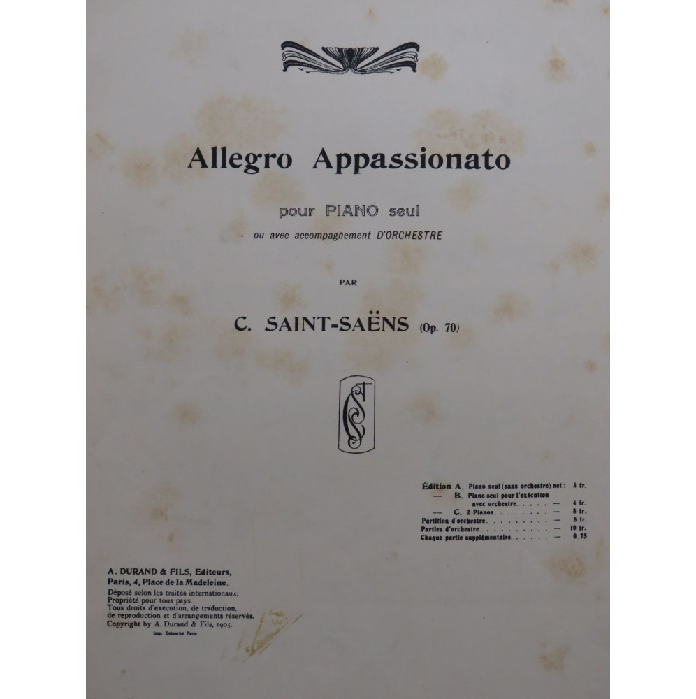 SAINT-SAËNS Camille Allegro Appassionato Piano 1905