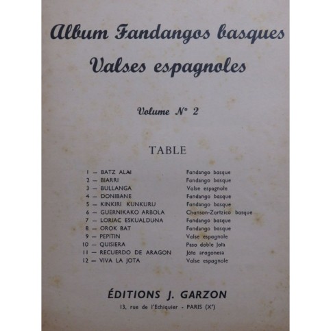 Album Fandangos Basques 2e Album 12 pièces Piano 1958