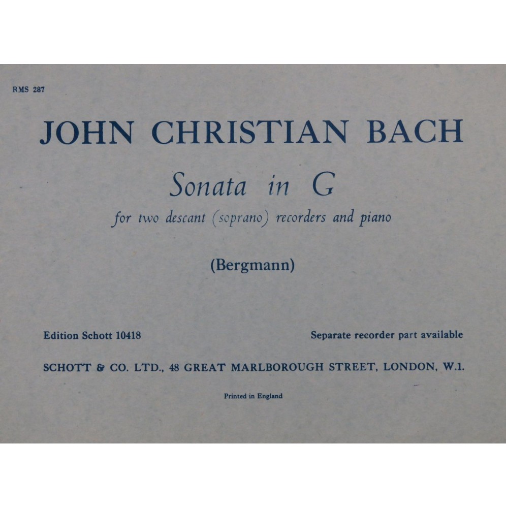 BACH John Christian Sonata in G Piano 2 Flûtes à bec 1954