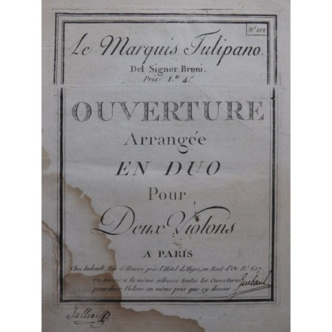 BRUNI A. B. Le Marquis Tulipano Ouverture 2 Violons ca1790