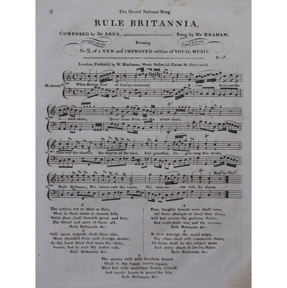 ARNE Rule Britannia Chant Piano XIXe
