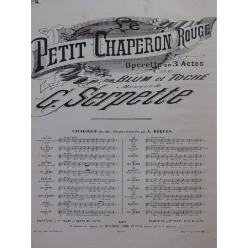 SERPETTE Gaston Le Petit Chaperon Rouge No 14 Chant Piano 1886