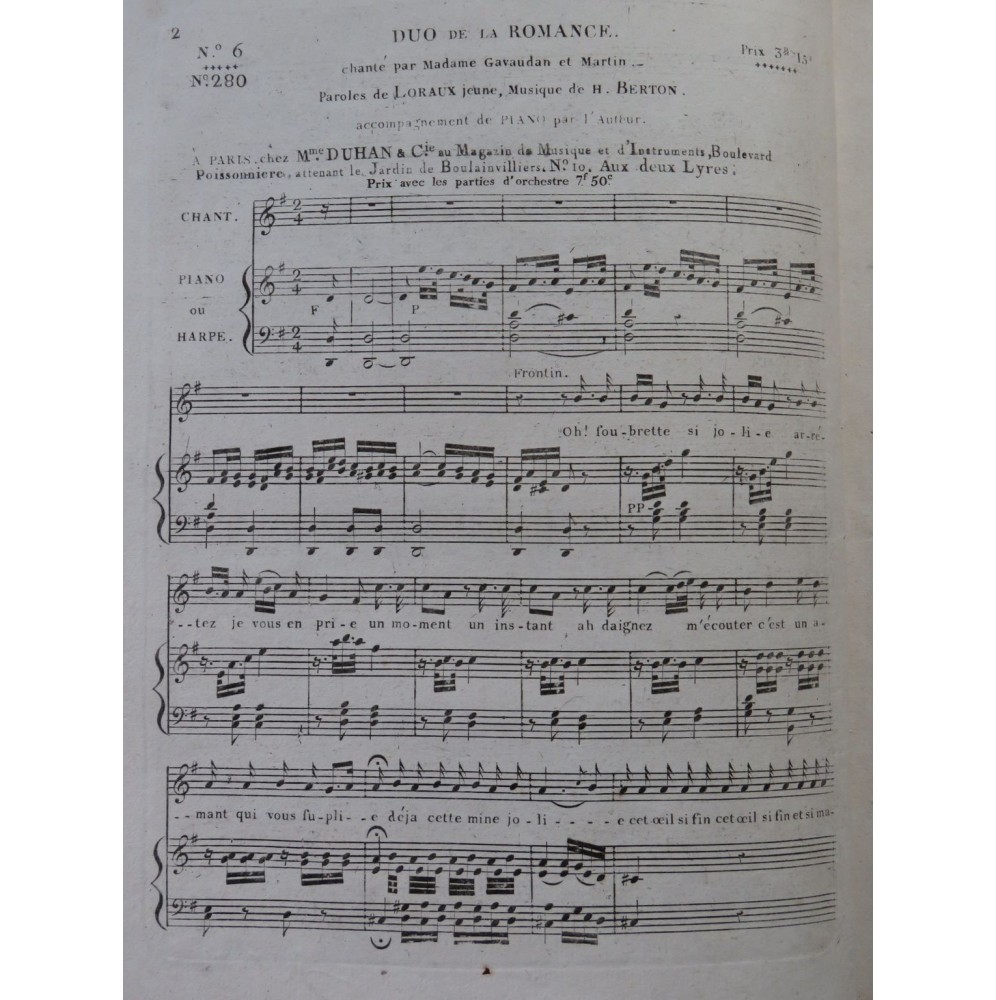 BERTON H. Duo de la Romance Chant Piano ou Harpe ca1810