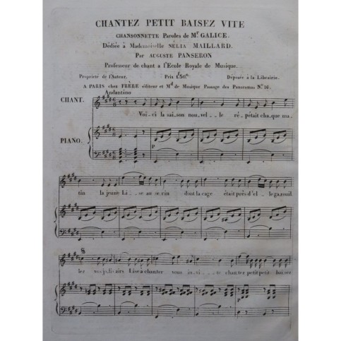 PANSERON Auguste Chantez petit baiser vite Chant Piano ca1830