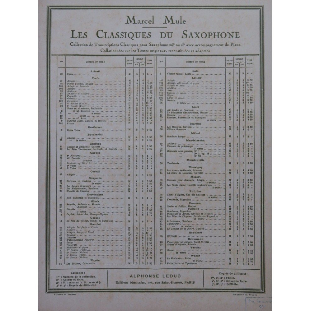 LECLAIR Jean-Marie Adagio de la 3e Sonate Piano Saxophone 1951