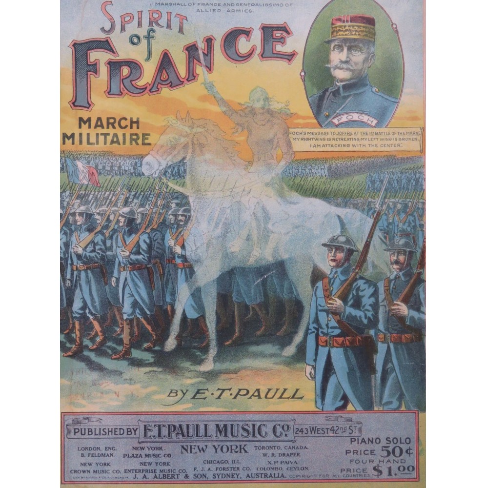 PAUL E. T. Spirit of France March Militaire Piano 1919