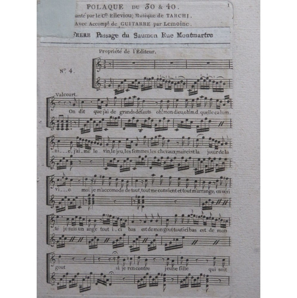 TARCHI Angelo Le Trente et Quarante Opéra No 4 Chant Guitare ca1800