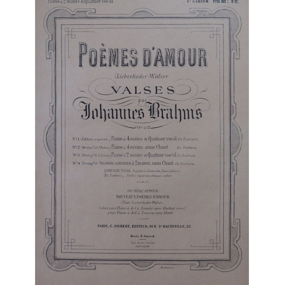 BRAHMS Johannes Poèmes d'Amour Chant Piano
