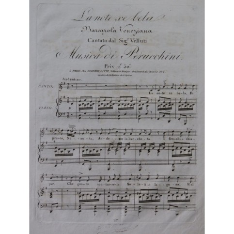 PERUCCHINI G. B. Lanote xe bela Barcarola Veneziana Chant Piano ca1830
