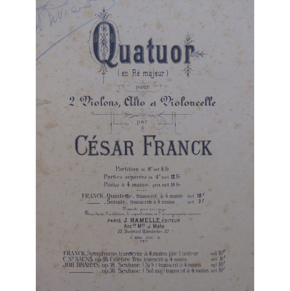 FRANCK César Quatuor Ré Majeur Violon Alto Violoncelle 1892