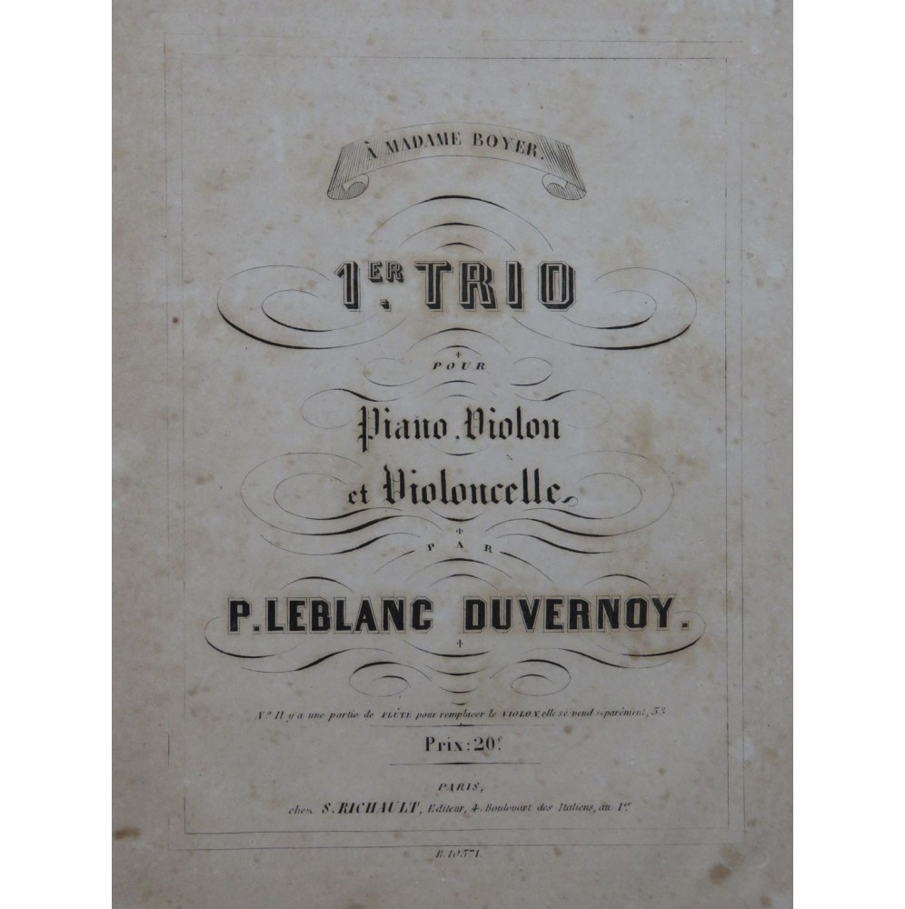 LEBLANC-DUVERNOY Paul Trio No 1 Piano Violon ou Flûte Violoncelle ca1863