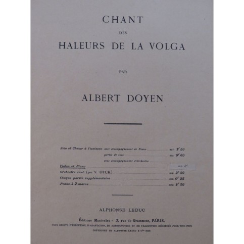 DOYEN Albert Chant des Haleurs de la Volga Violon Piano 1921