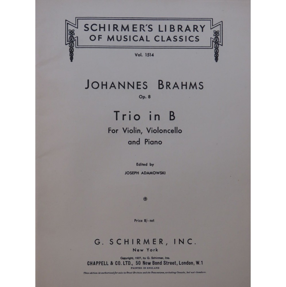 BRAHMS Johannes Trio in B Piano Violon Violoncelle 1927