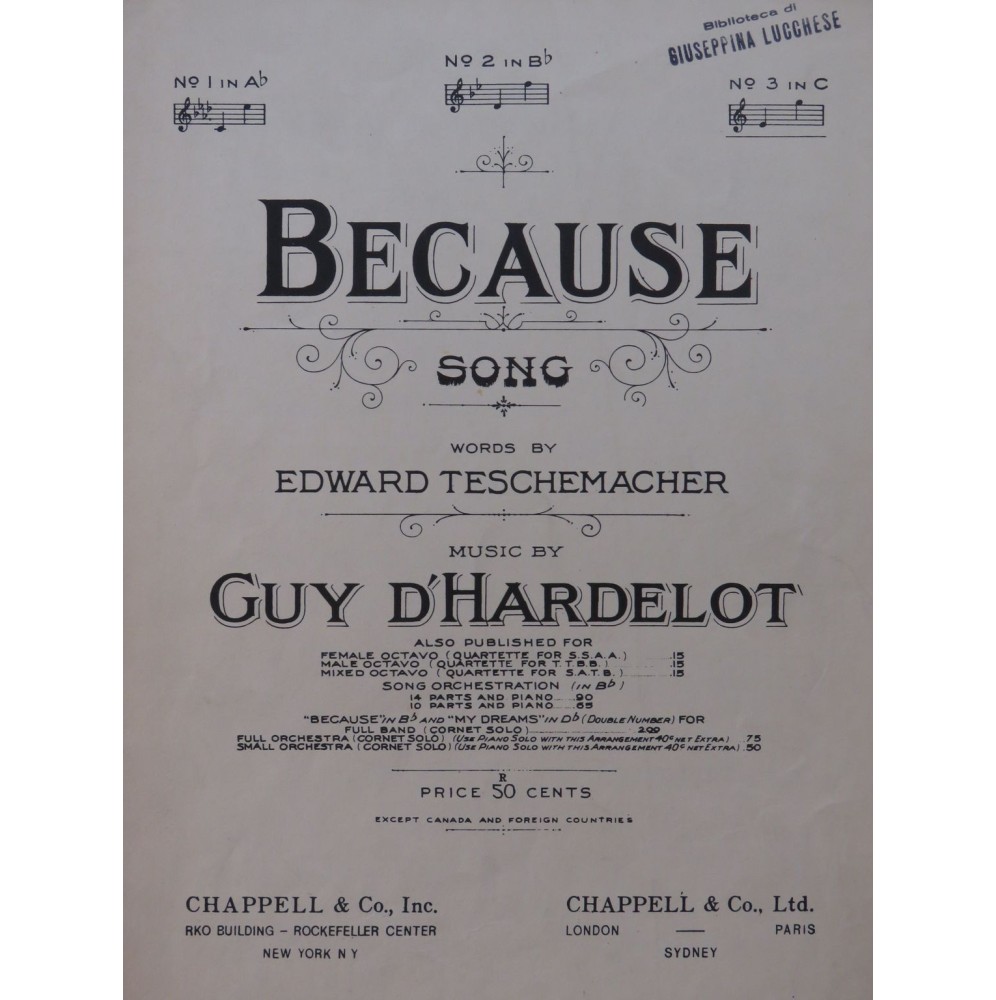 D'HARDELOT Guy Because Song Chant Piano 1919