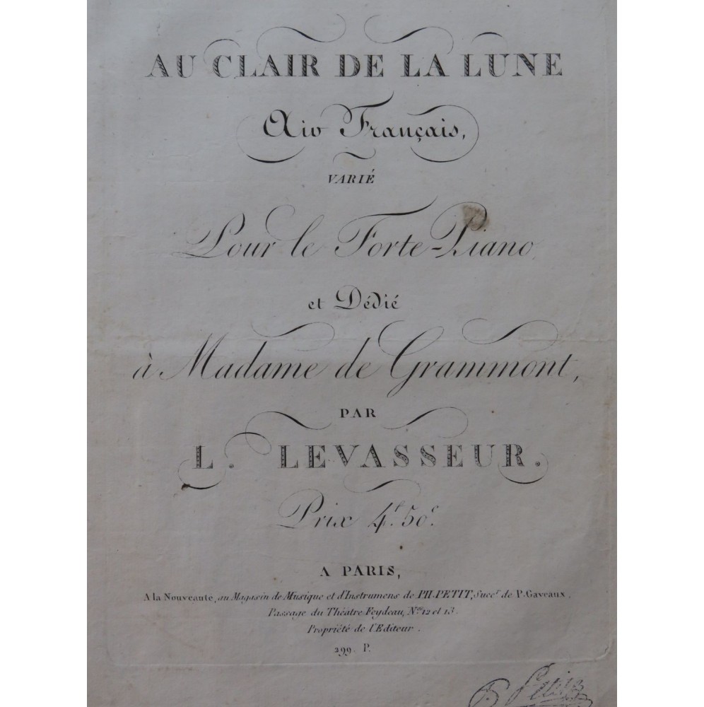 LEVASSEUR Louis Au Clair de la Lune Piano ca1820