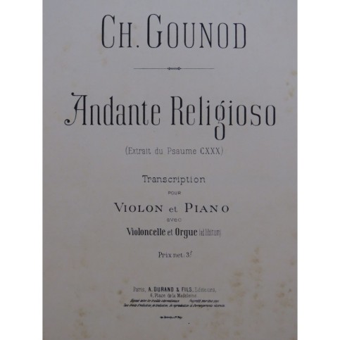 GOUNOD Charles Andante Religioso Violon Piano Violoncelle Orgue ca1892