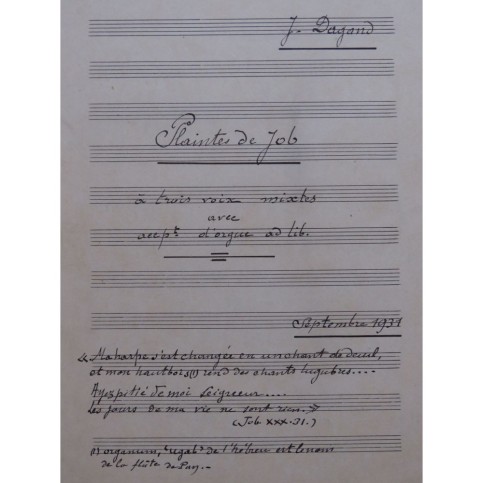 DAGAND Joseph Plaintes de Job Manuscrit Chant Orgue 1931