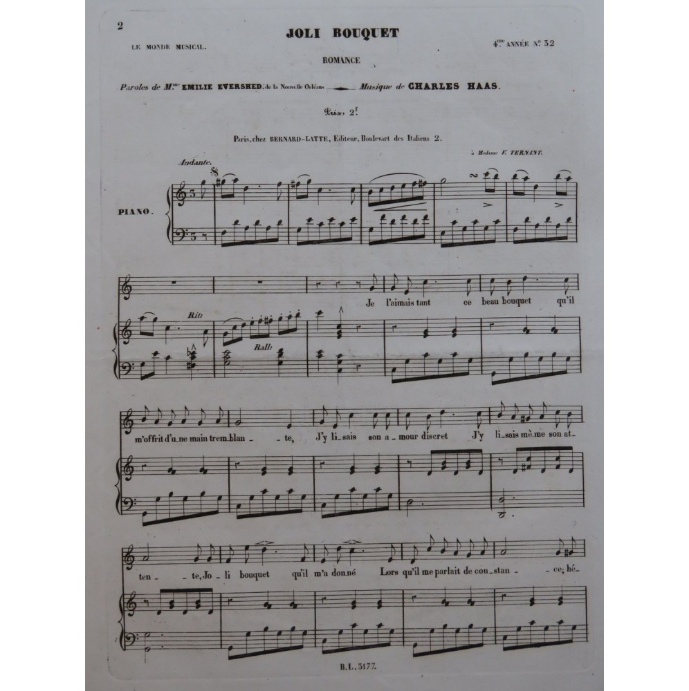 HAAS Charles Joli Bouquet Chant Piano ca1840
