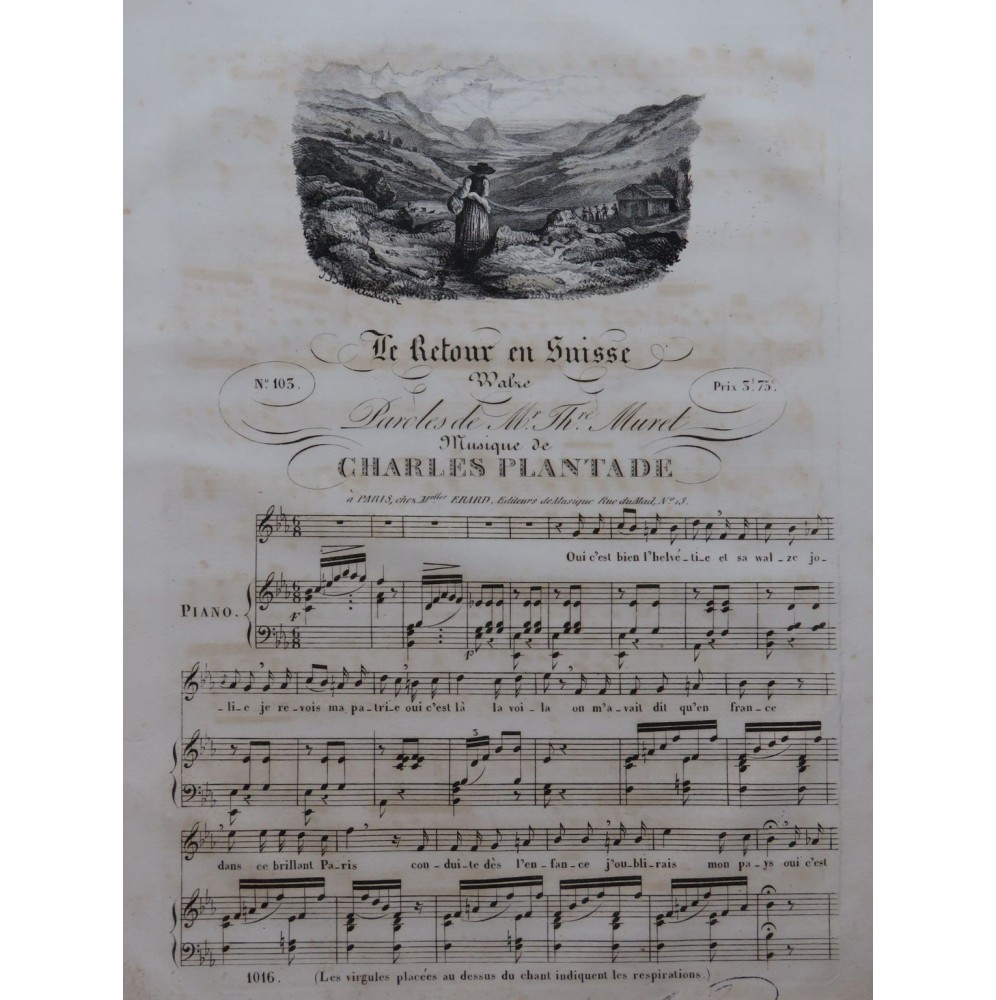 PLANTADE Charles Le Retour en Suisse Chant Piano ca1830