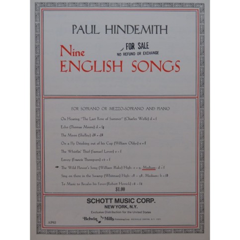 HINDEMITH Paul The Wild Flower's Song Chant Piano 1968
