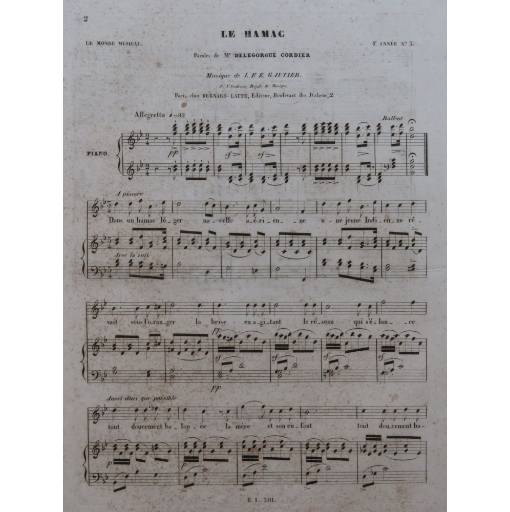 GAUTIER J. F. E Le Hamac Chant Piano ca1840