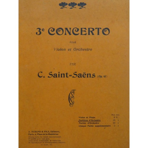 SAINT-SAËNS Camille Concerto No 3 op 61 Orchestre Violon ca1890