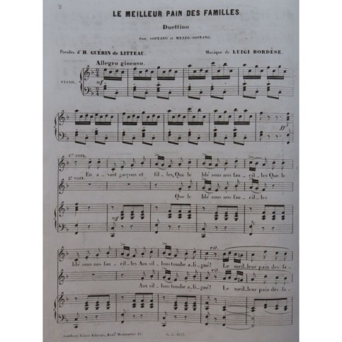 BORDÈSE Luigi Le meilleur pain des familles Chant Piano ca1840