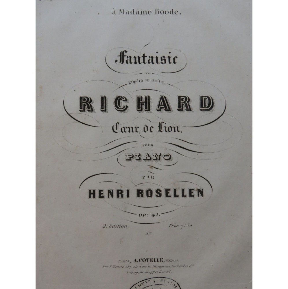 ROSELLEN Henri Fantaisie sur Richard Coeur de Lion Piano ca1850